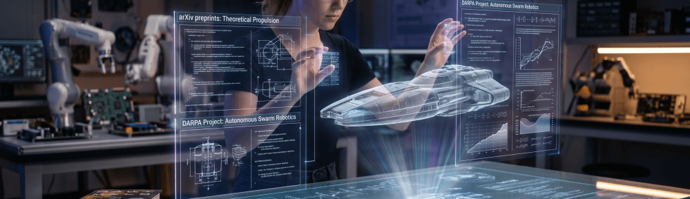 A science fiction author using holographic data interfaces referencing arXiv and DARPA to design a realistic, grounded sci-fi spaceship in a modern research lab, with Project Hail Mary sitting nearby.